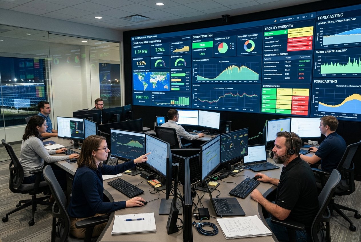 Energy monitoring control room with solar performance dashboards