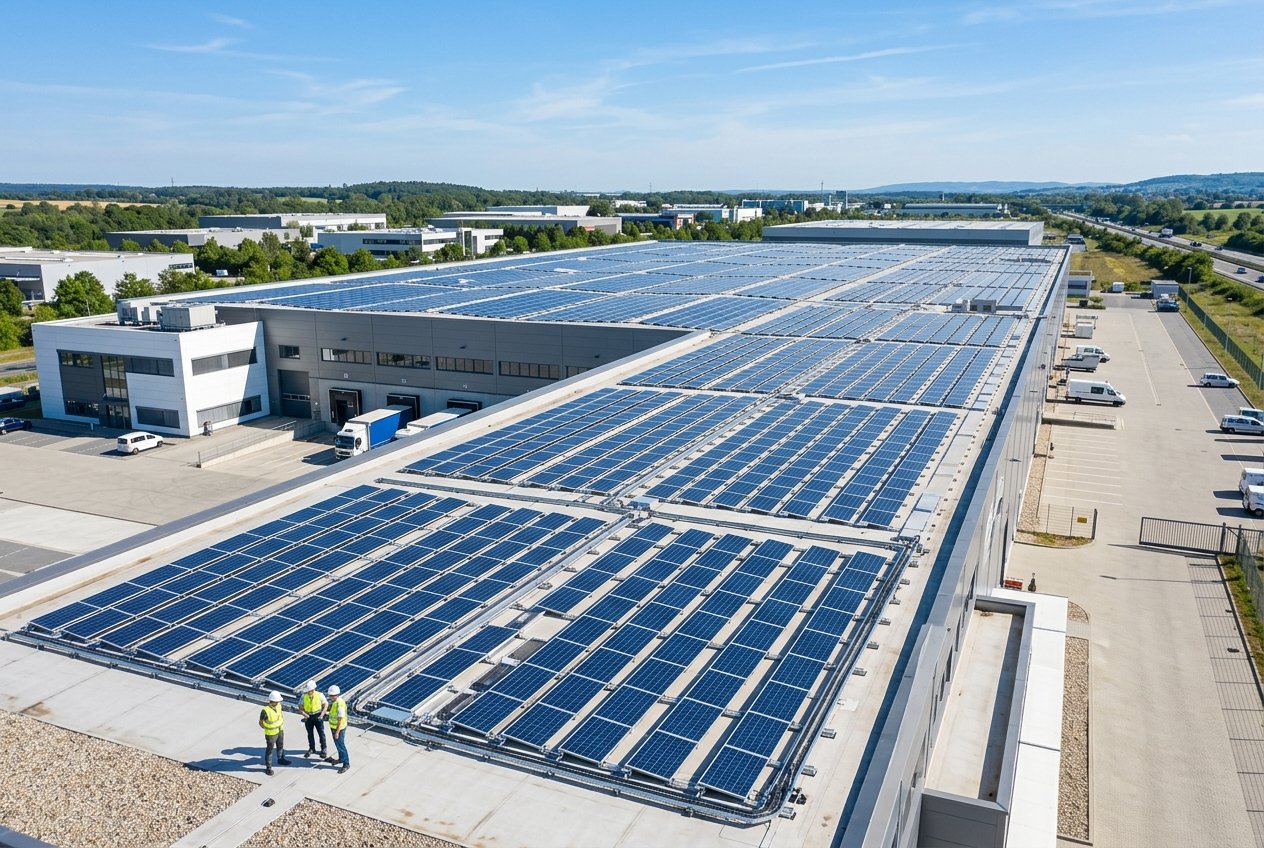 Redelux engineers inspecting a commercial rooftop solar array